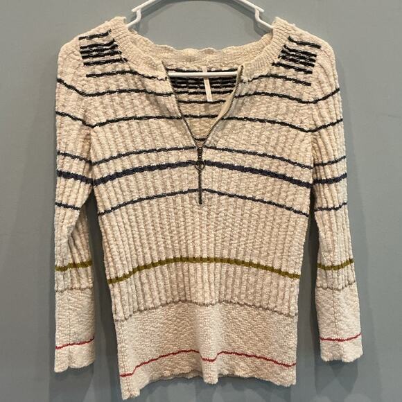 Free People Rossi Ribbed Knit Half Zip Pullover Sweater Large White Striped Boho - Picture 4 of 11